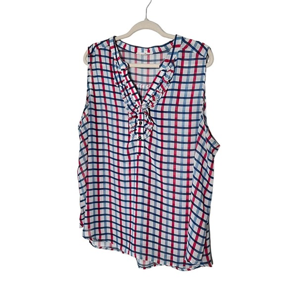 ModCloth Fun 2 Fun Sleeveless Plaid Red White Blue Office Blouse Women Size 3XL - Picture 2 of 10